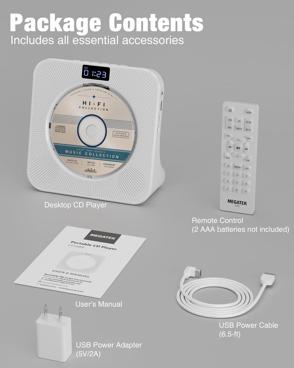 Portable CD Player with Bluetooth FM Radio USB White O632590
