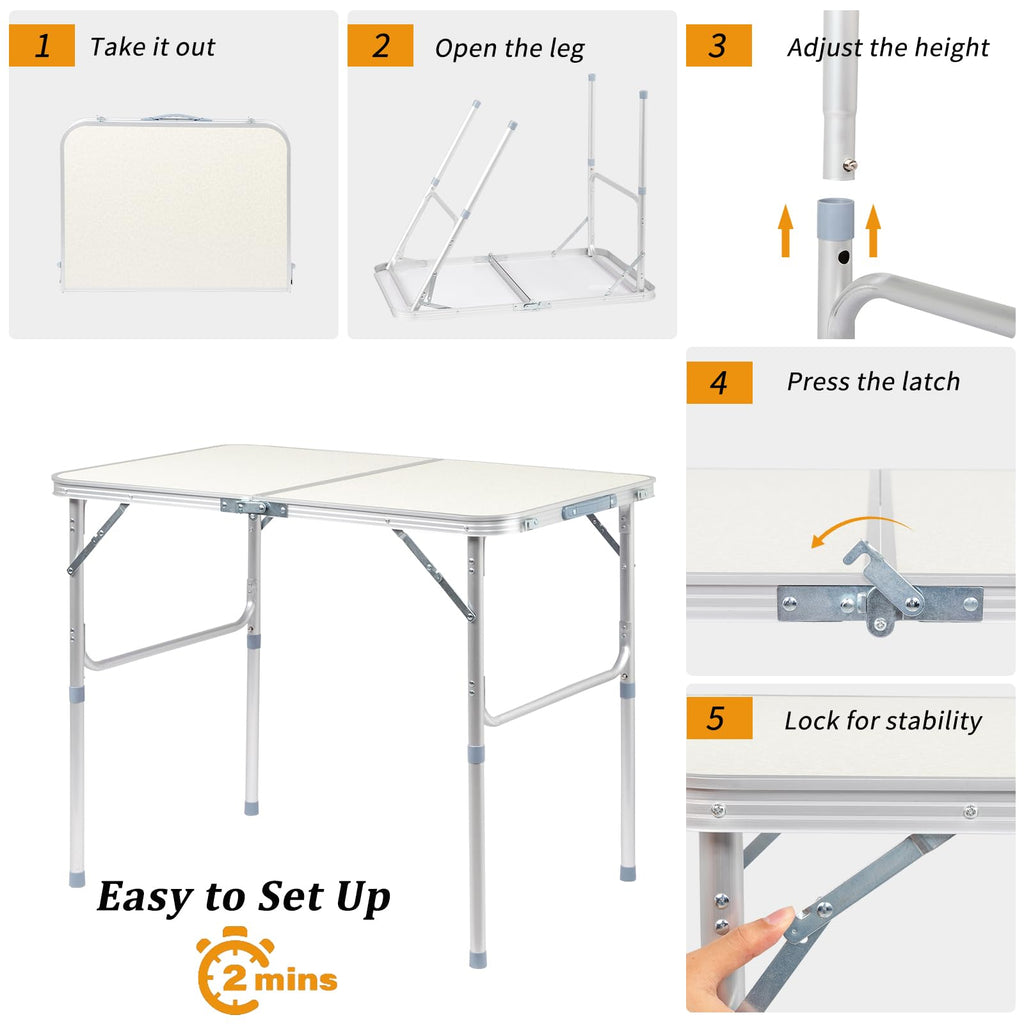 Aluminum Folding Table, Portable and Adjustable Rectangle Table, White (3FT) O46957