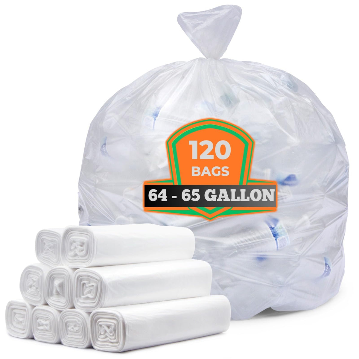 64-65 Gallon Clear Trash Bags, 120 Count Heavy Duty Garbage Bags O48631
