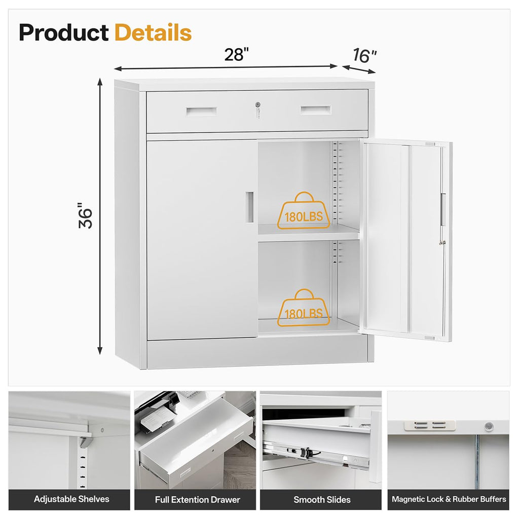 White Steel Lockable Storage Cabinet with Drawer and Adjustable Shelves L6234