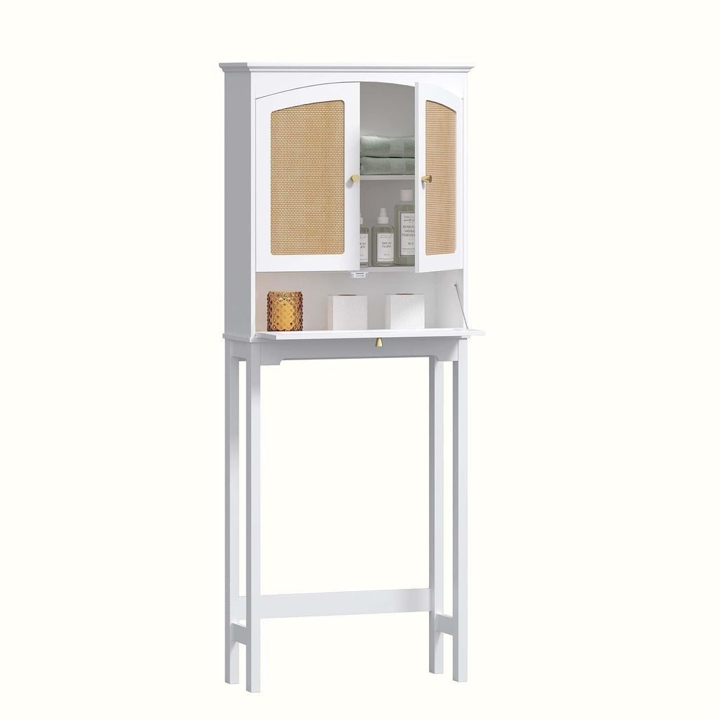Over the Toilet Storage Cabinet with Arched Rattan Doors, White Q33237