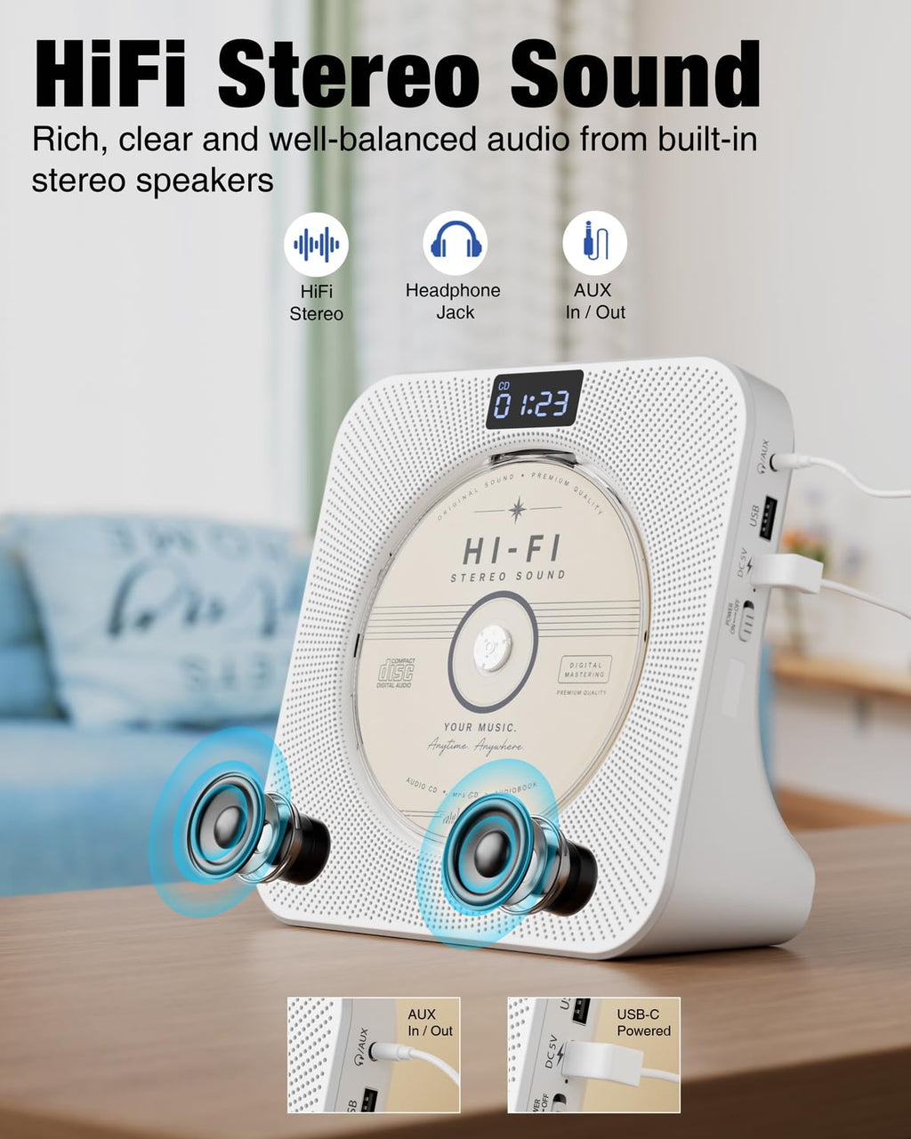 Portable CD Player with Bluetooth FM Radio USB White O632590