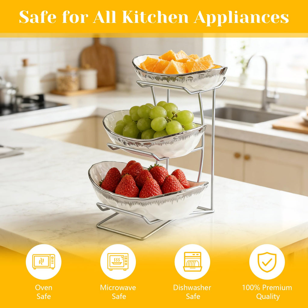 3 Tier Ceramic Fruit Bowl with Metal Stand I424796