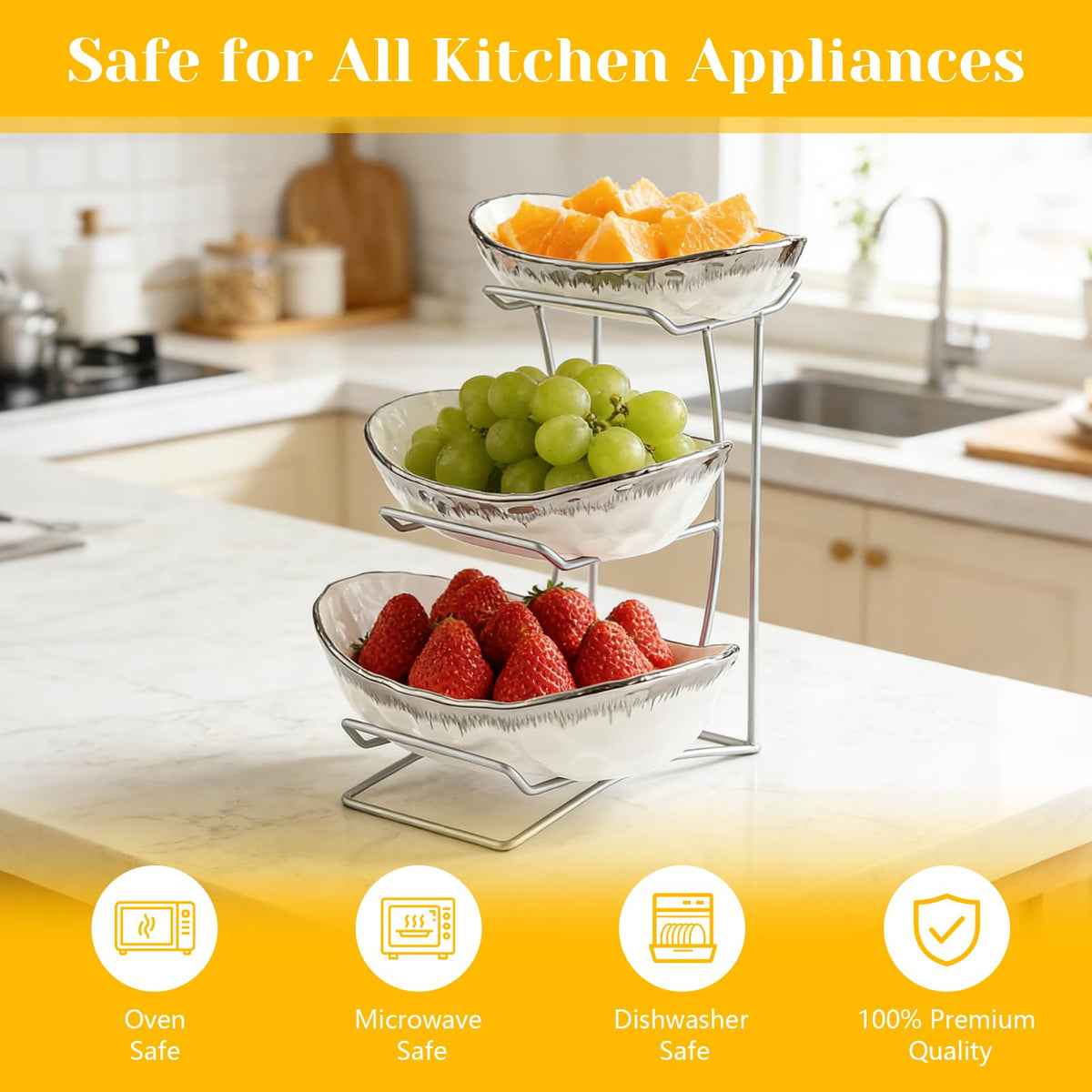3 Tier Ceramic Fruit Bowl with Metal Stand I424796