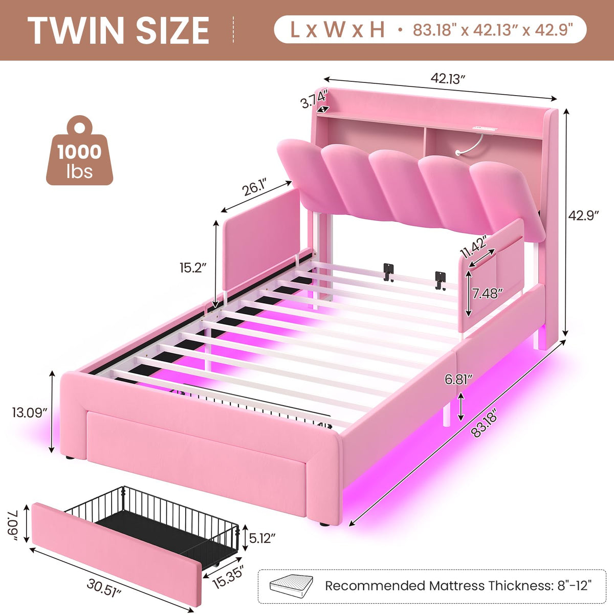 Pink Velvet Upholstered Twin Size Platform Bed with Storage Drawer S64783