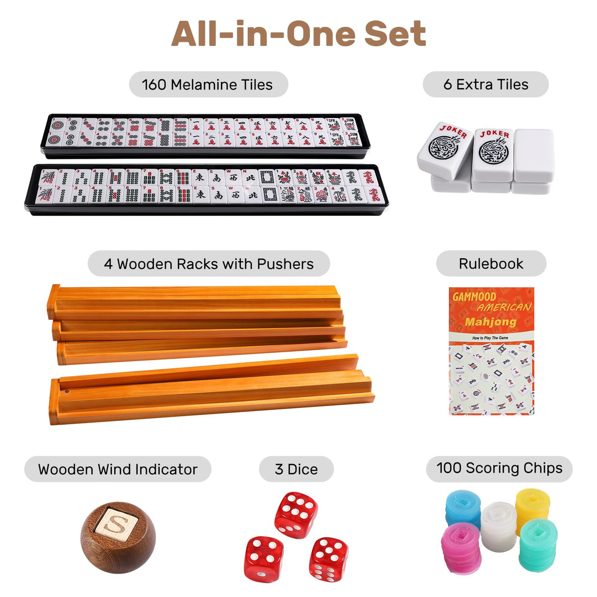 166 White Tiles Mahjong Game Set with Wooden Racks and Carrying Bag E264984