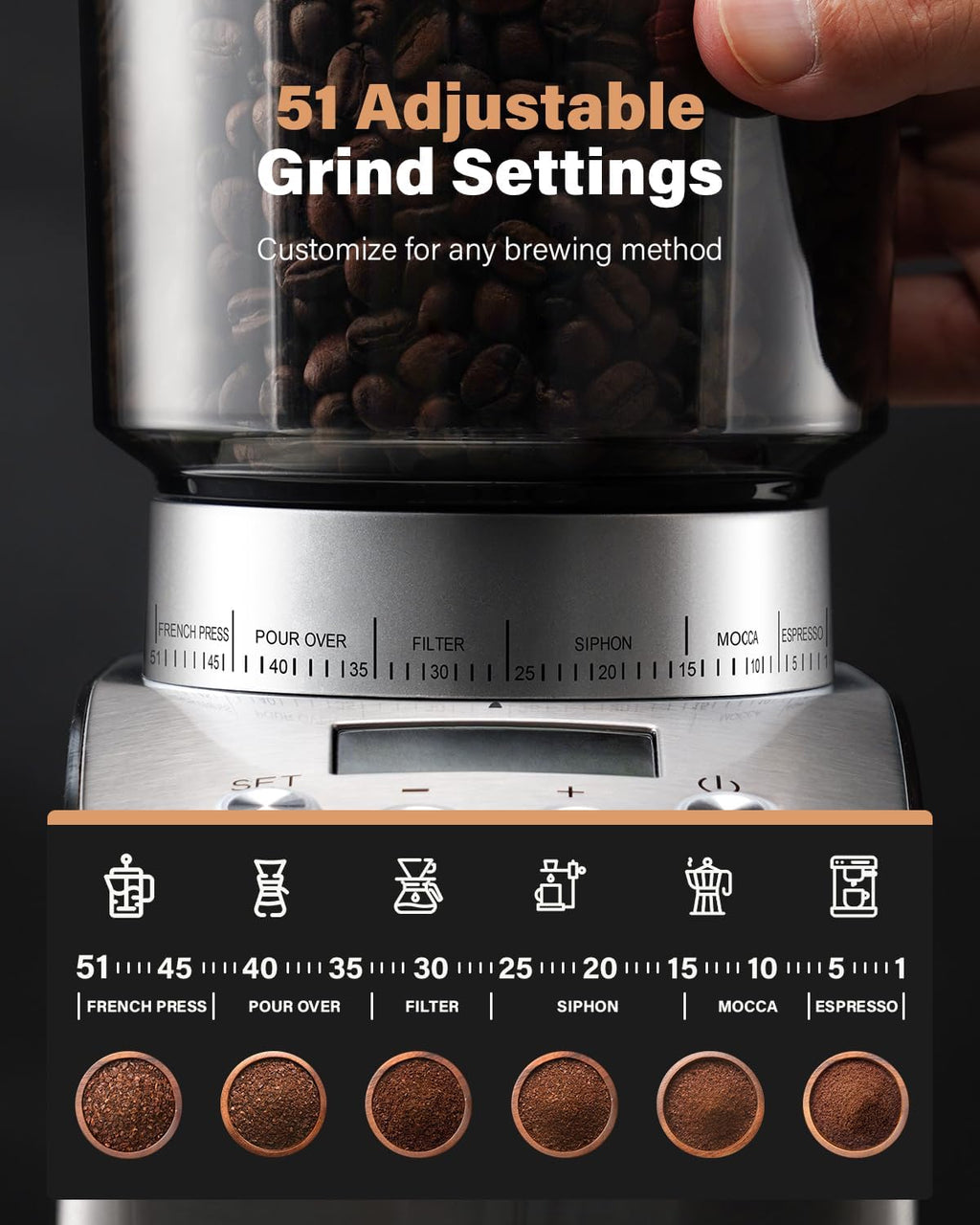 Electric Conical Burr Coffee Grinder with 51 Grind Settings C953574