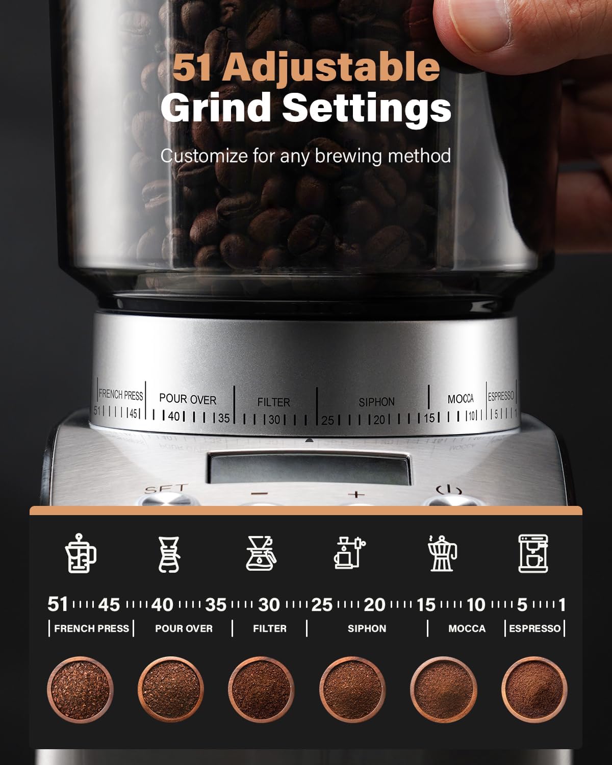 Electric Conical Burr Coffee Grinder with 51 Grind Settings C953574