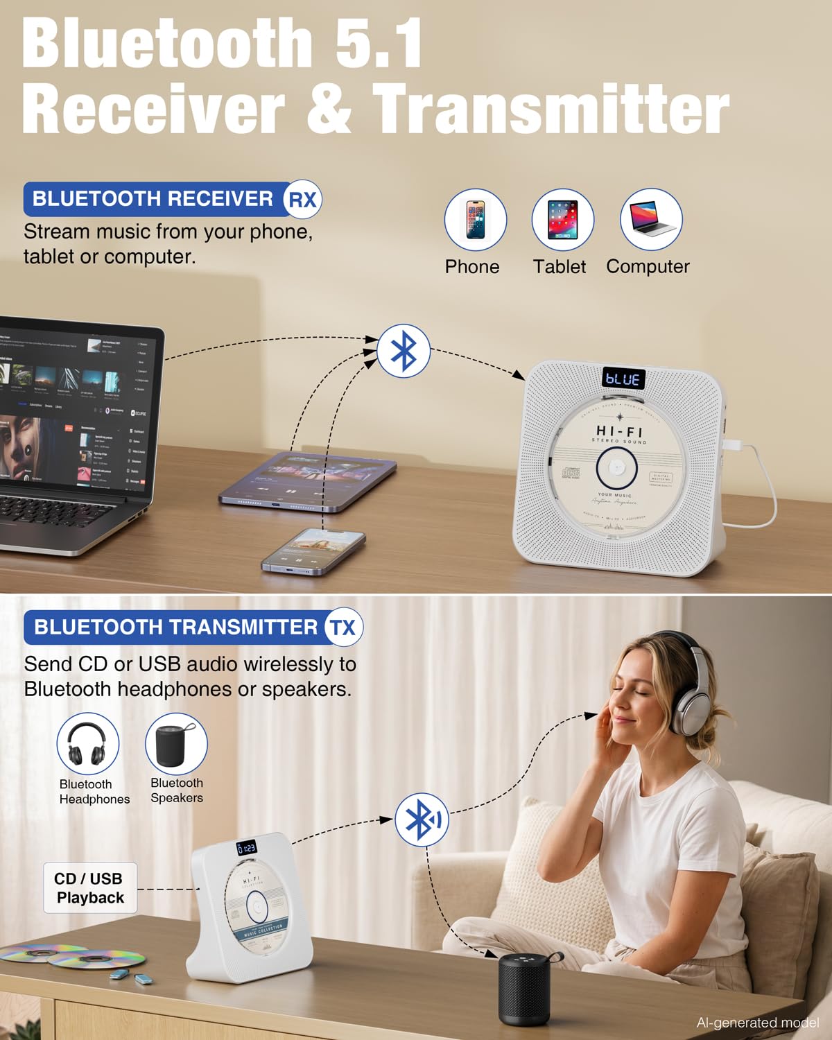 Portable CD Player with Bluetooth FM Radio USB White O632590