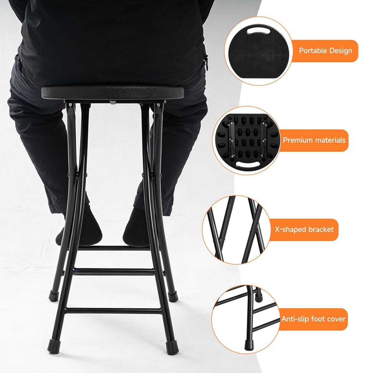 24 Inch Folding Stool 500LBS Capacity Portable Collapsible Stool Black S28703