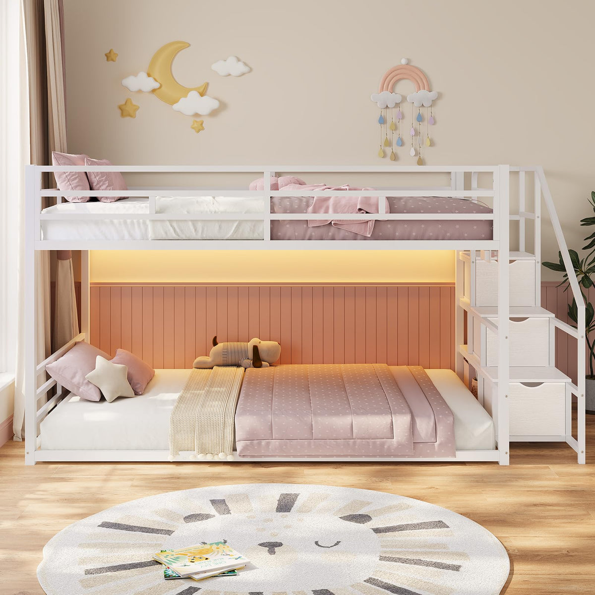 Low Bunk Bed Twin Over Twin with Storage Stairs H241