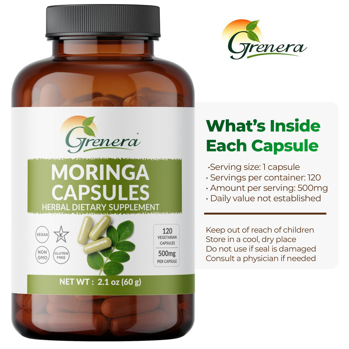 Moringa Capsules 500mg Moringa Oleifera Leaf Powder 120 Count U823468