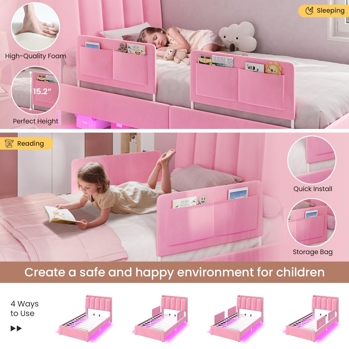 Pink Velvet Upholstered Twin Size Platform Bed with Storage Drawer S64783