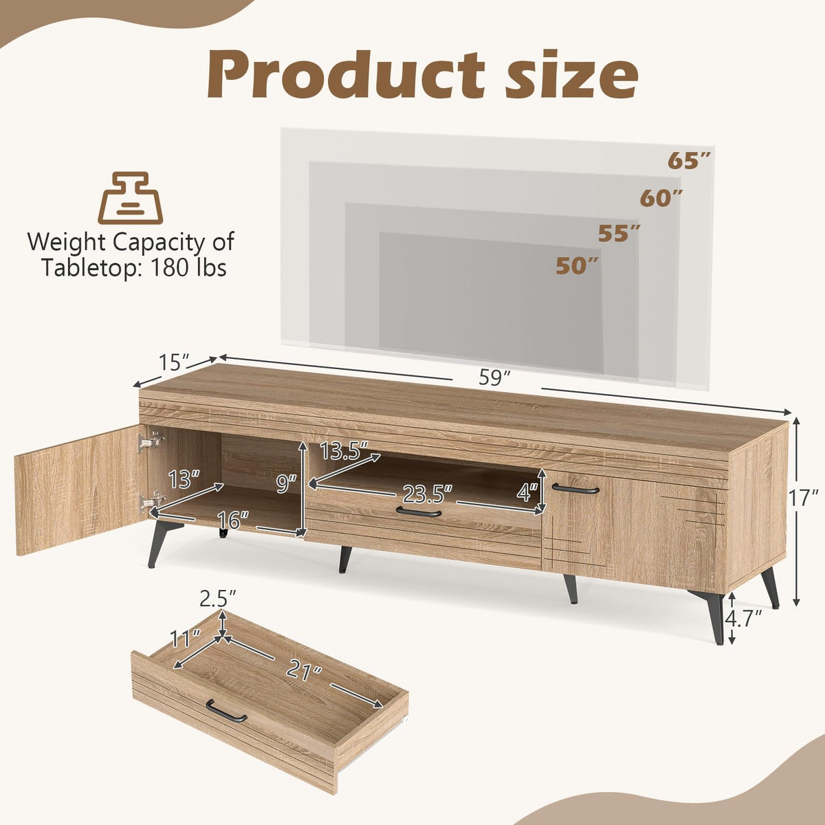 Mid Century Modern TV Stand with Storage Drawer and Open Shelf P25783