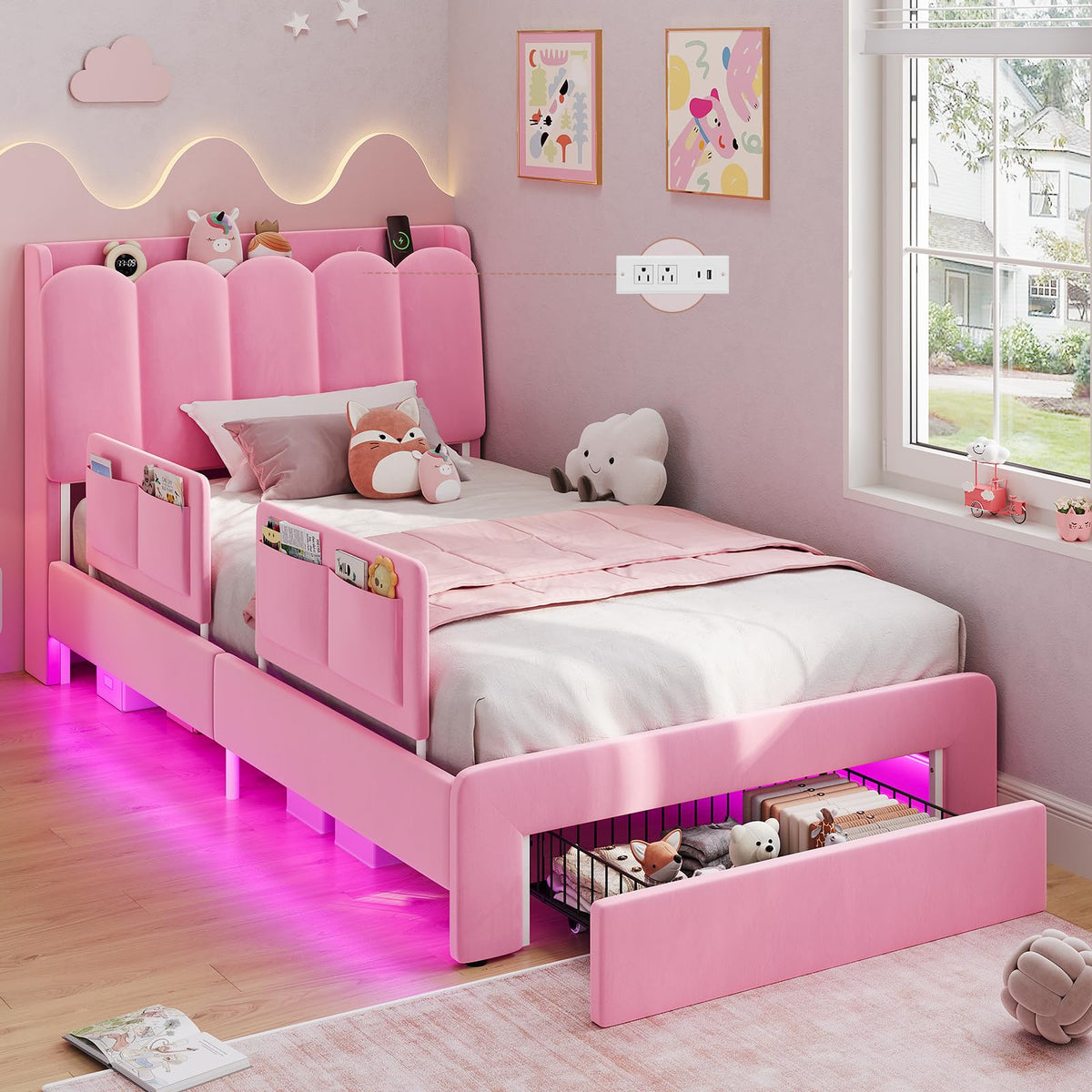 Pink Velvet Upholstered Twin Size Platform Bed with Storage Drawer S64783