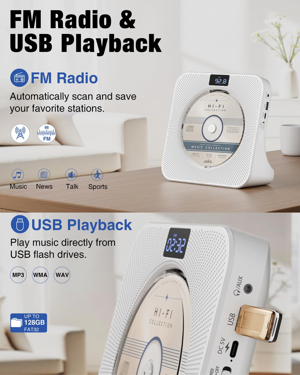Portable CD Player with Bluetooth FM Radio USB White O632590