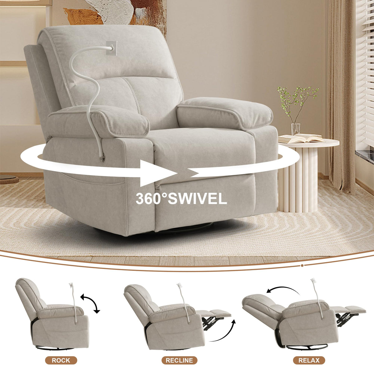 Beige Velvet Swivel Rocker Recliner Chair Y1954