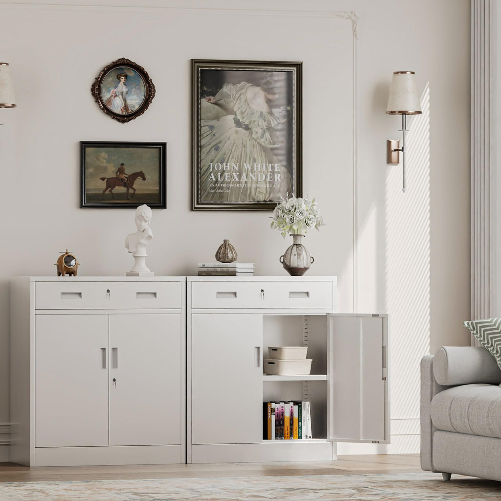 White Steel Lockable Storage Cabinet with Drawer and Adjustable Shelves L6234