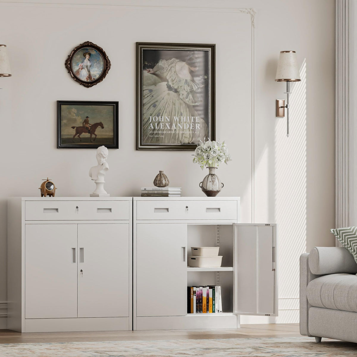 White Steel Lockable Storage Cabinet with Drawer and Adjustable Shelves L6234