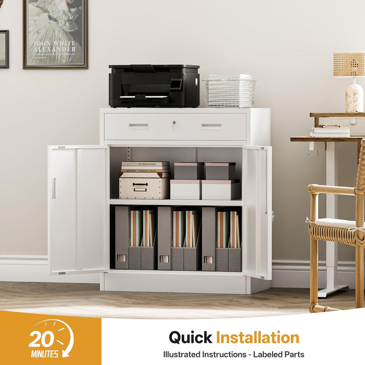 White Steel Lockable Storage Cabinet with Drawer and Adjustable Shelves L6234