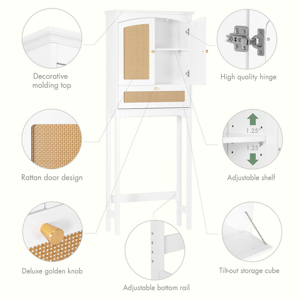 Over the Toilet Storage Cabinet with Arched Rattan Doors, White Q33237