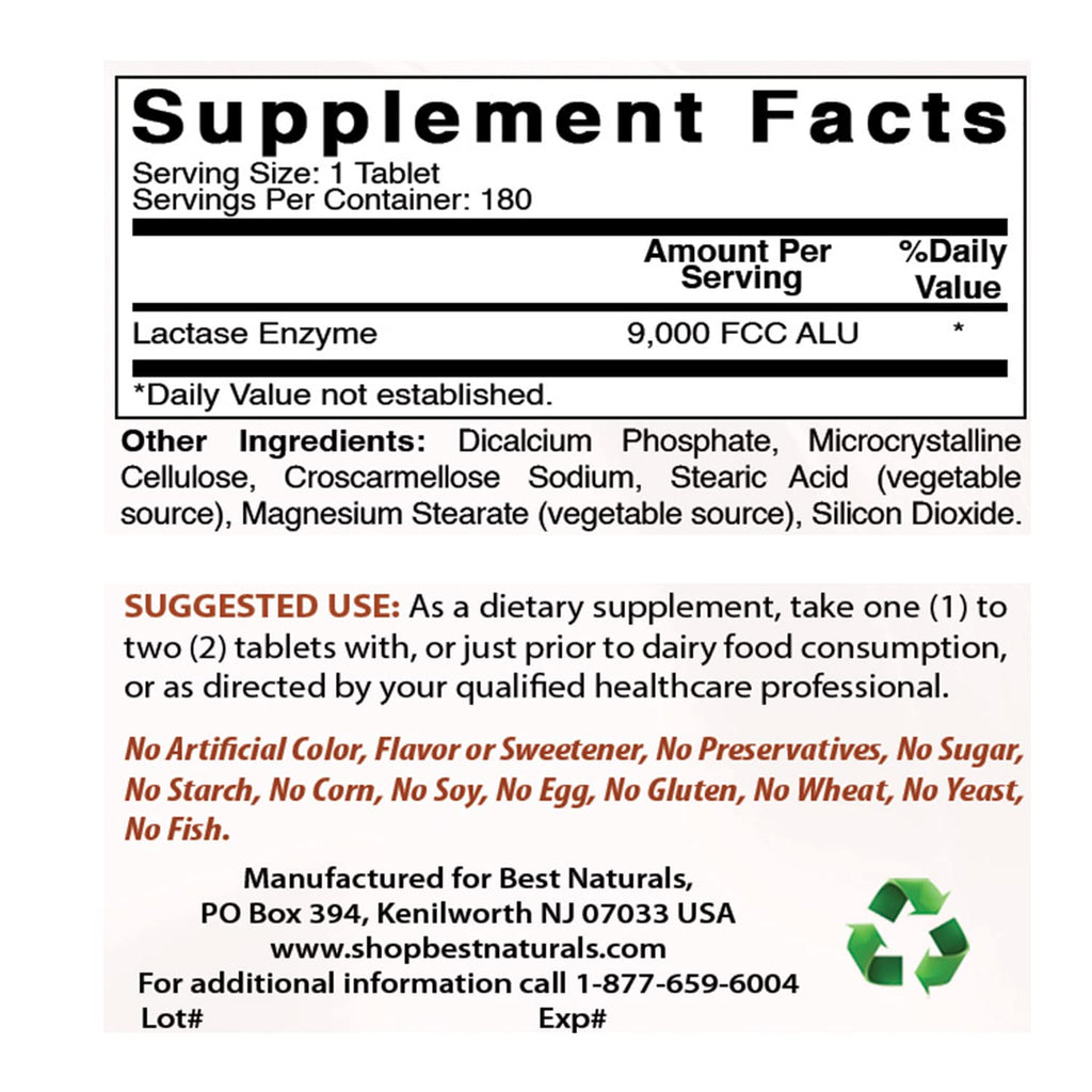 Lactose Intolerance Relief Tablets with Lactase Enzyme, 180 Count V7628