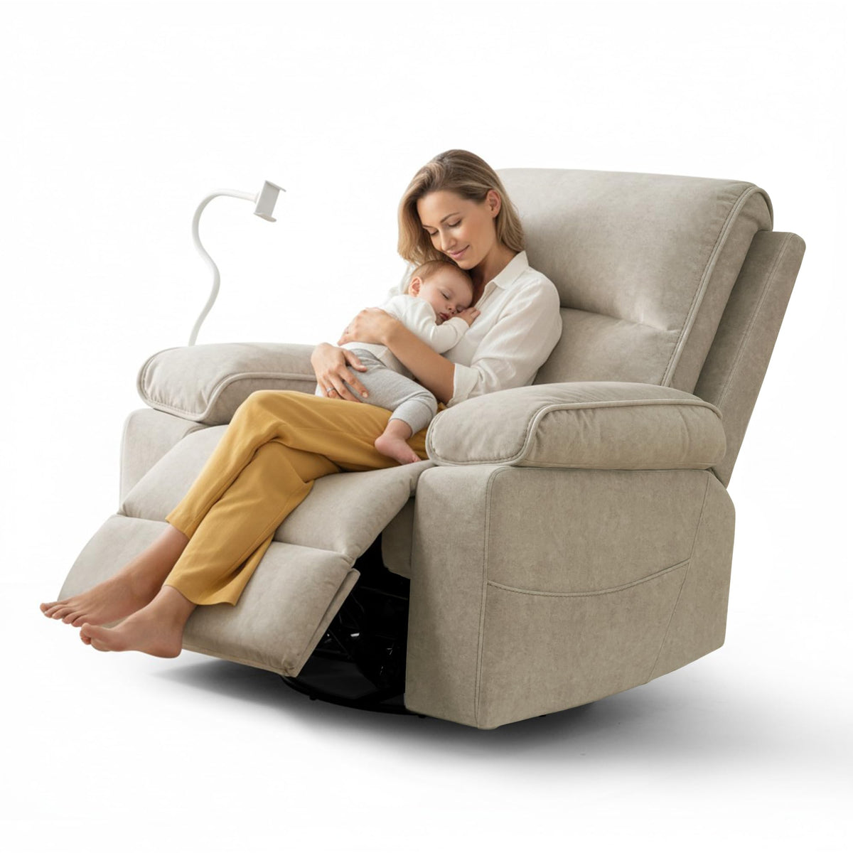 Beige Velvet Swivel Rocker Recliner Chair Y1954