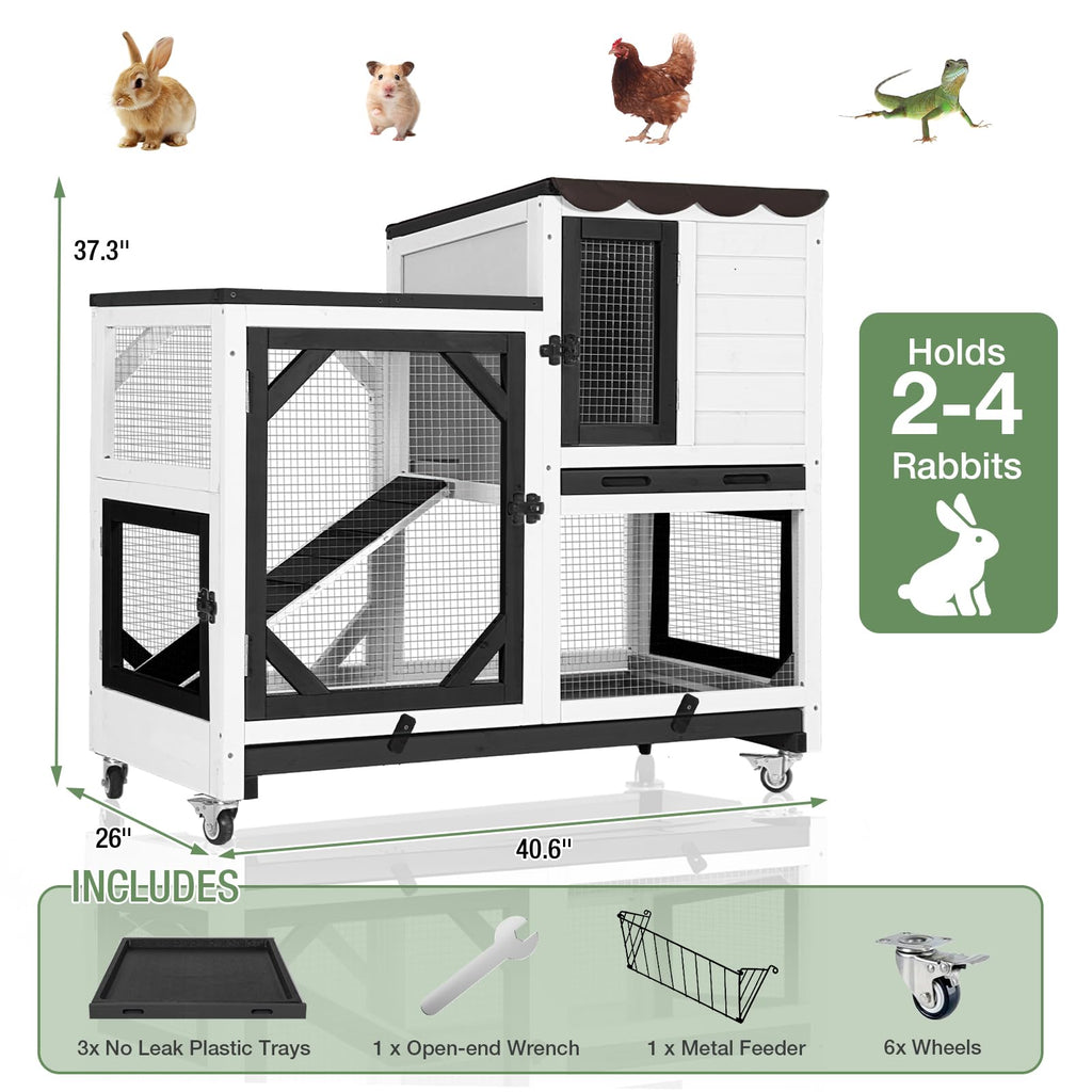 Large 2-Tier Rabbit Hutch with Wheels and Waterproof Roof Y9816