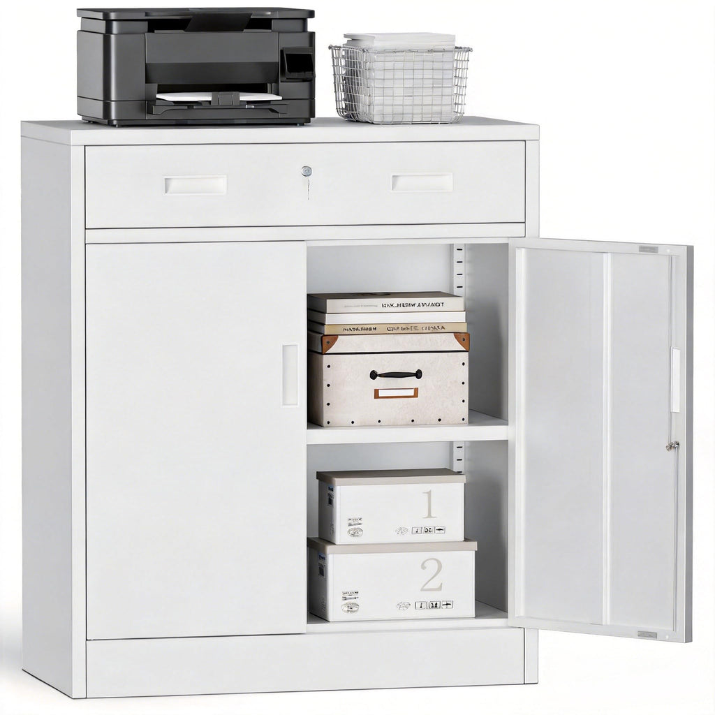 White Steel Lockable Storage Cabinet with Drawer and Adjustable Shelves L6234