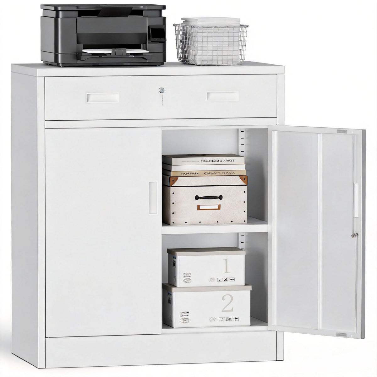 White Steel Lockable Storage Cabinet with Drawer and Adjustable Shelves L6234