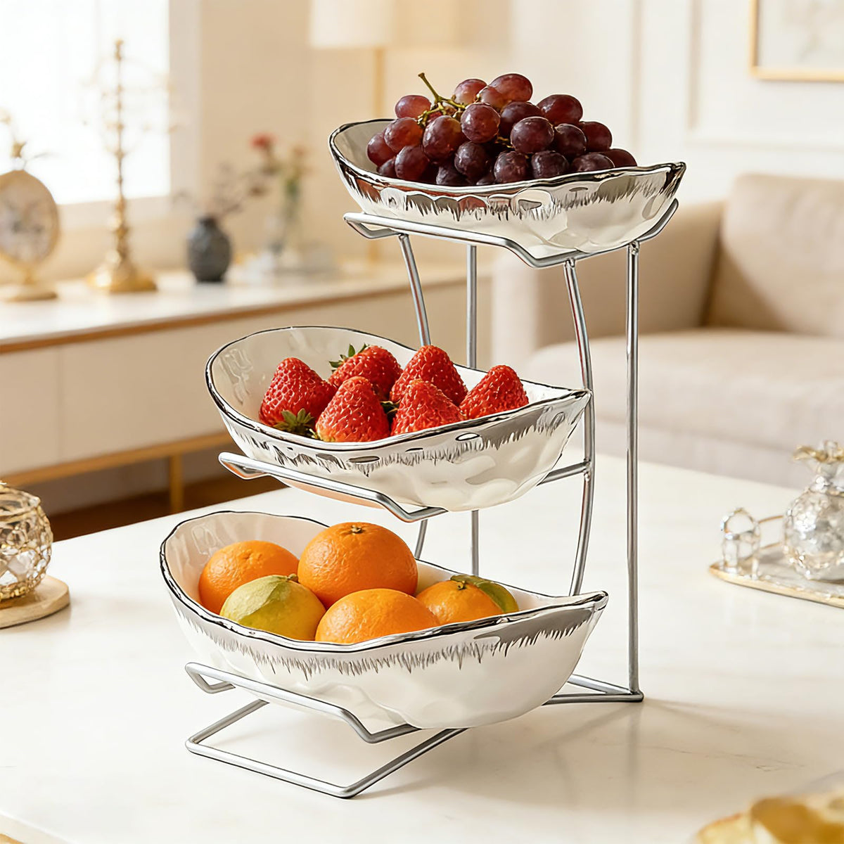 3 Tier Ceramic Fruit Bowl with Metal Stand I424796