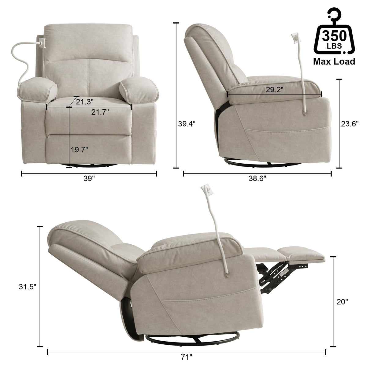 Beige Velvet Swivel Rocker Recliner Chair Y1954