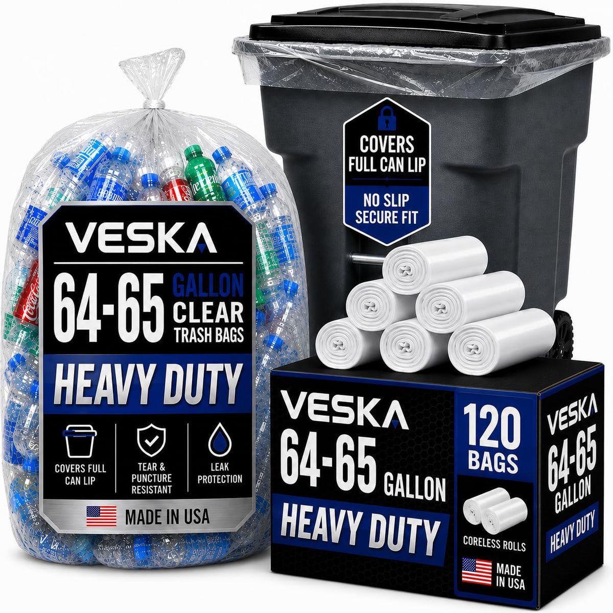 64-65 Gallon Clear Trash Bags, 120 Count Heavy Duty Garbage Bags O48631
