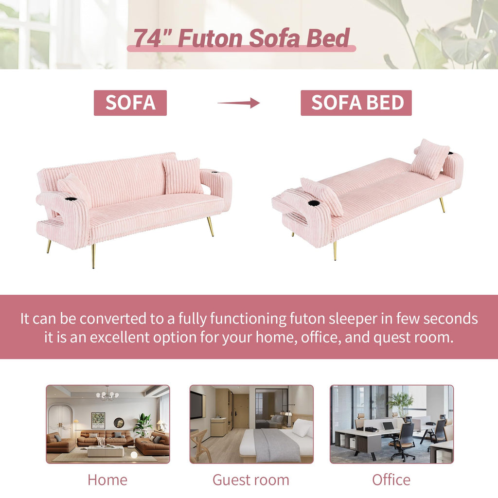 Pink Teddy Fabric Convertible Futon Sofa Bed B41635