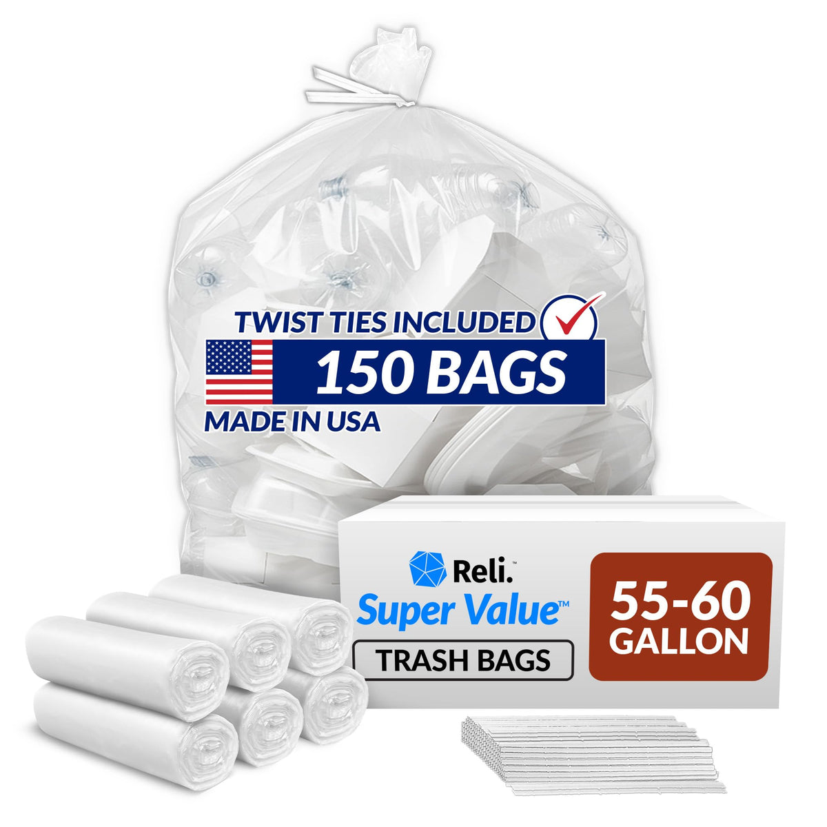 55-60 Gallon Heavy Duty Clear Trash Bags with Ties A59465