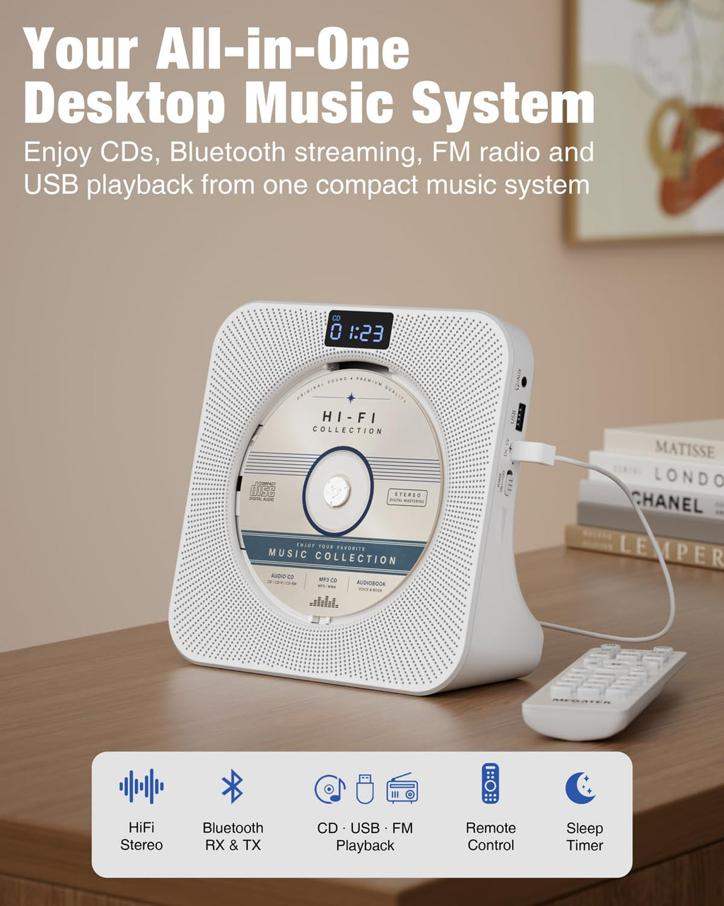 Portable CD Player with Bluetooth FM Radio USB White O632590