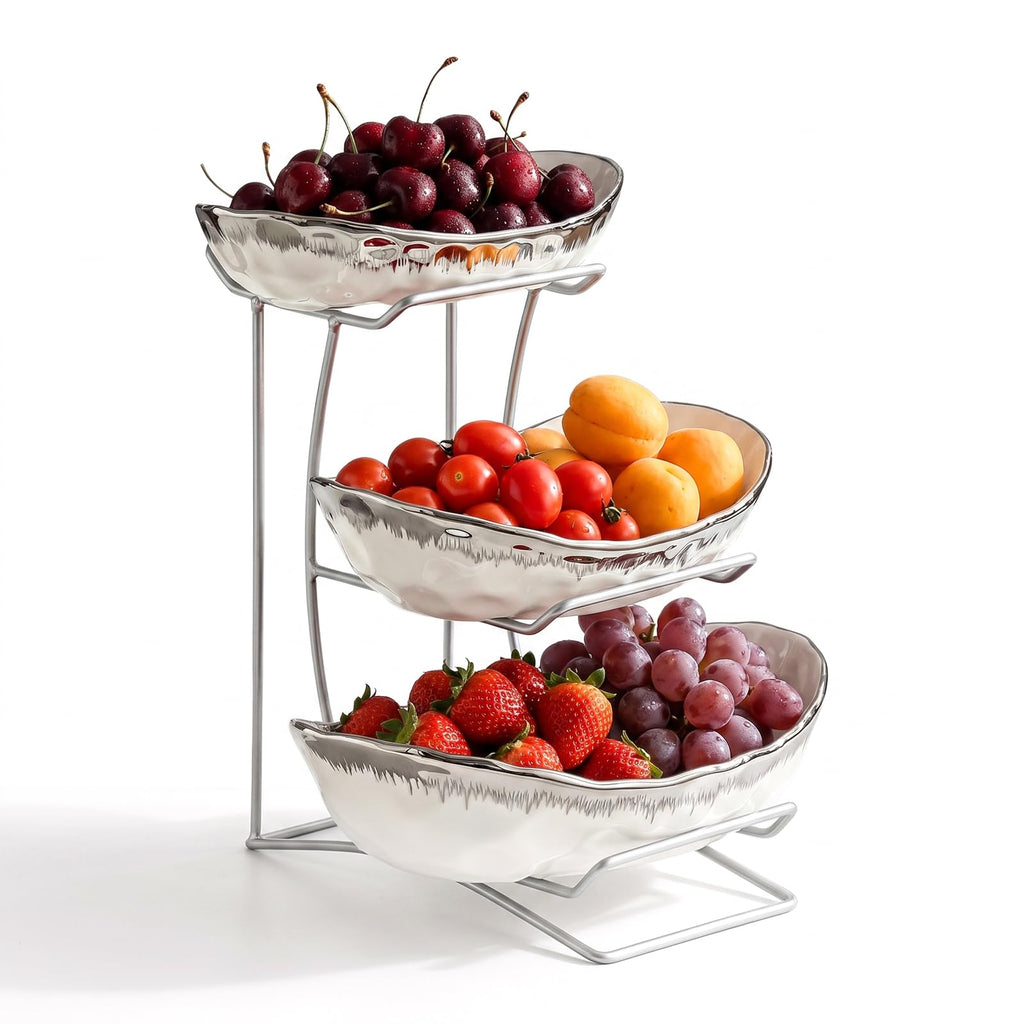 3 Tier Ceramic Fruit Bowl with Metal Stand I424796