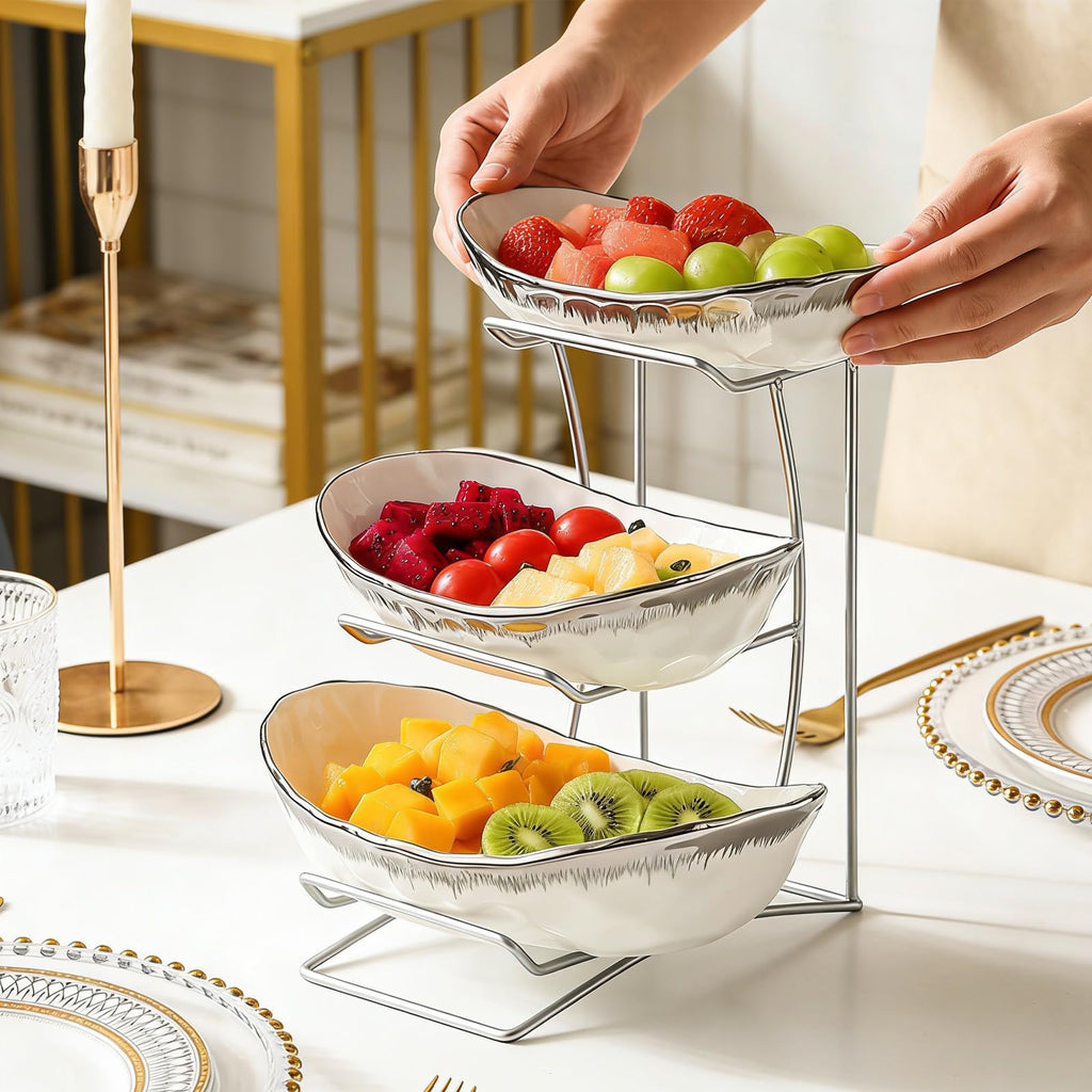 3 Tier Ceramic Fruit Bowl with Metal Stand I424796