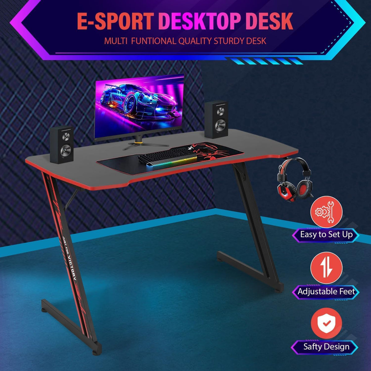 47 Inch Z-Shaped Carbon Fiber Black Gaming Desk B65728