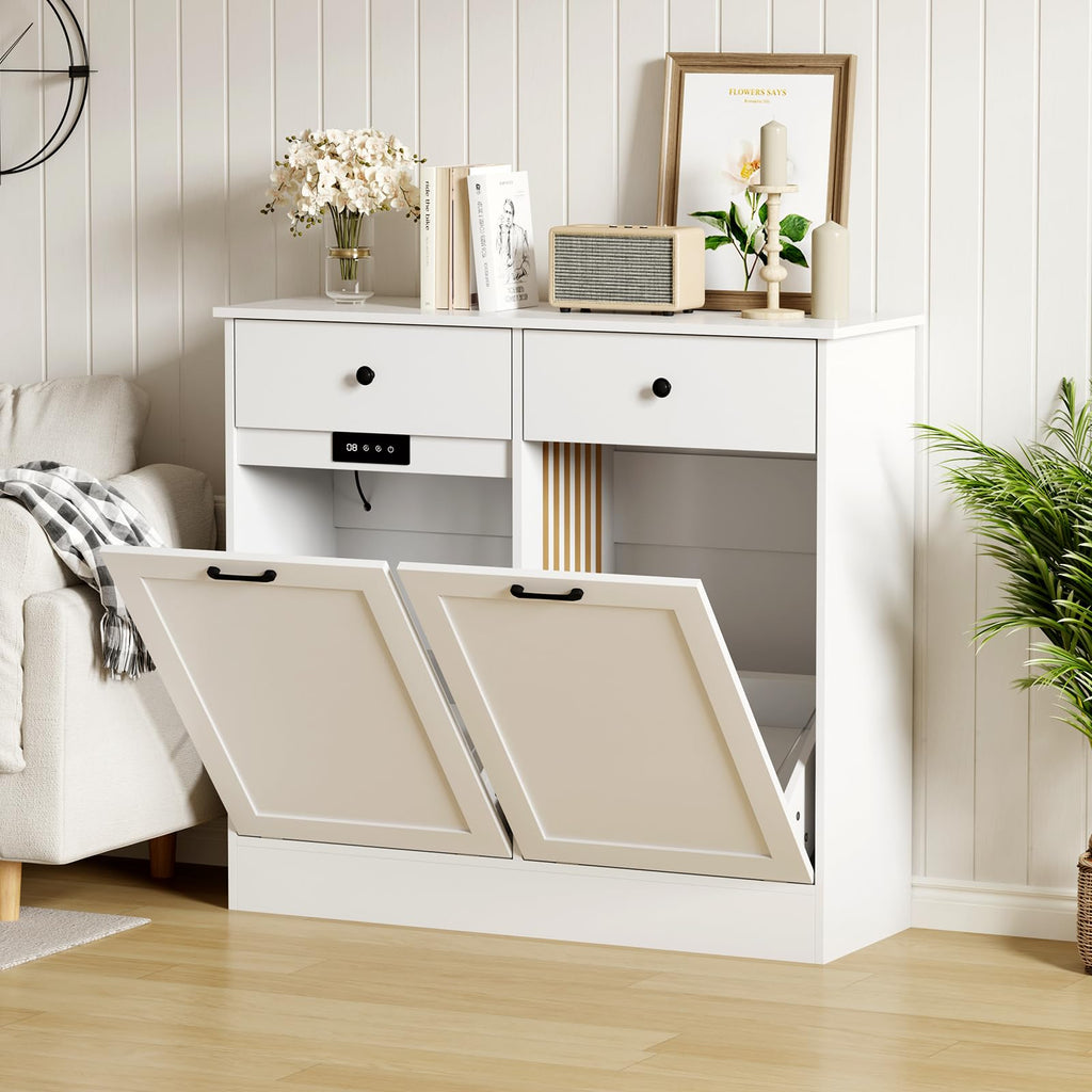 White 2 x 10 Gallon Wooden Tilt Out Trash Can Cabinet E532528