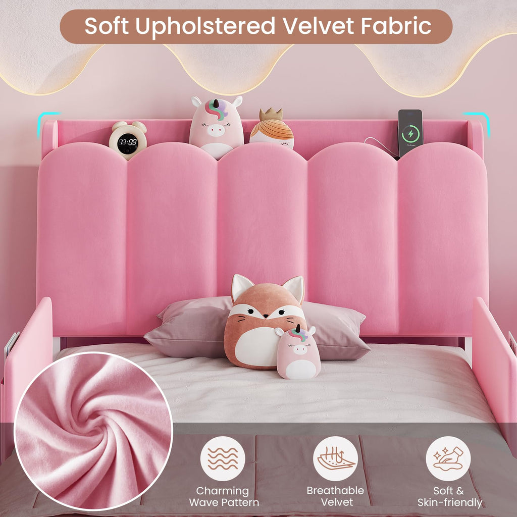 Pink Velvet Upholstered Twin Size Platform Bed with Storage Drawer S64783