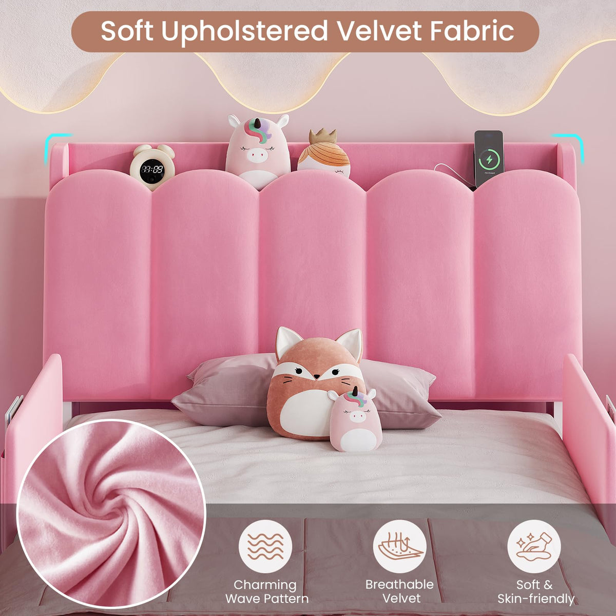 Pink Velvet Upholstered Twin Size Platform Bed with Storage Drawer S64783