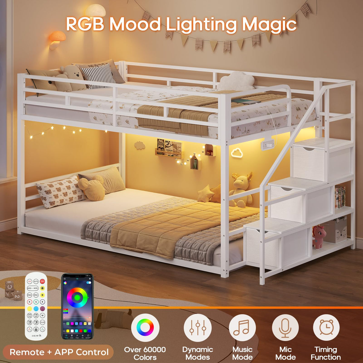 Low Bunk Bed Twin Over Twin with Storage Stairs H241