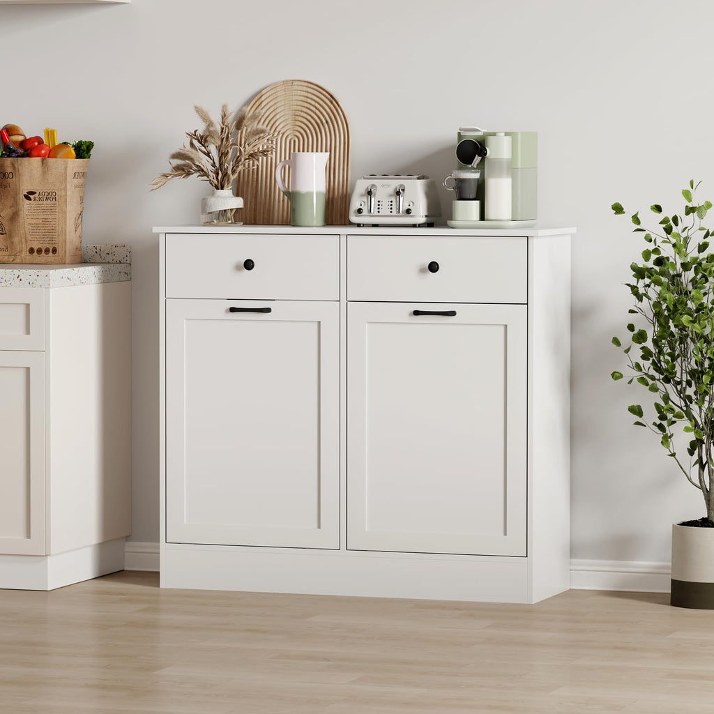 White 2 x 10 Gallon Wooden Tilt Out Trash Can Cabinet E532528