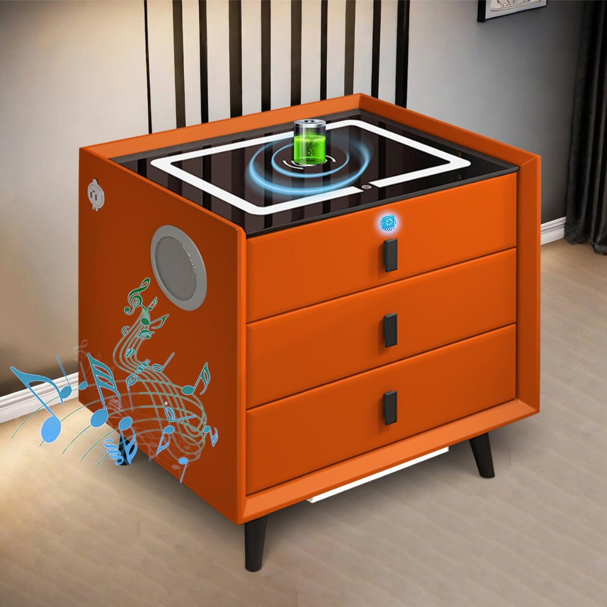Orange 3 Drawer Nightstand with Wireless Charging and USB Port P5263