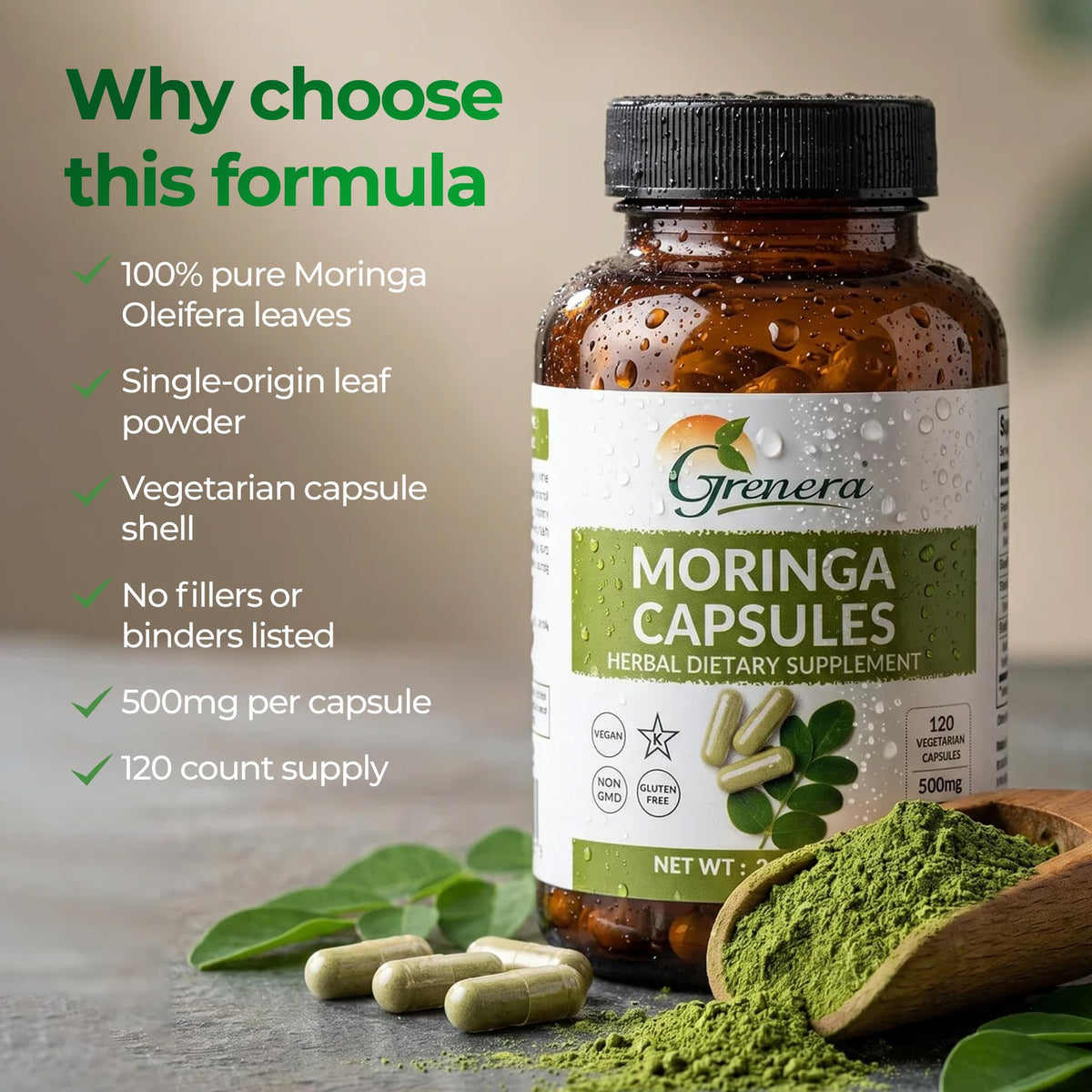 Moringa Capsules 500mg Moringa Oleifera Leaf Powder 120 Count U823468