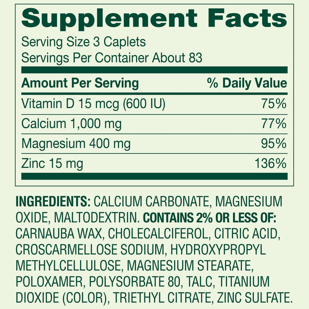 Calcium Magnesium Zinc Vitamin D3 Caplets 250 Count D872