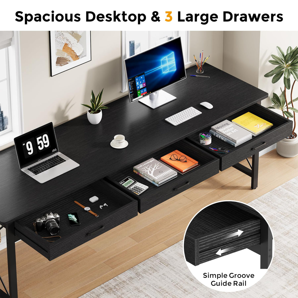78.7 inch Black Computer Desk with 3 Drawers S3355