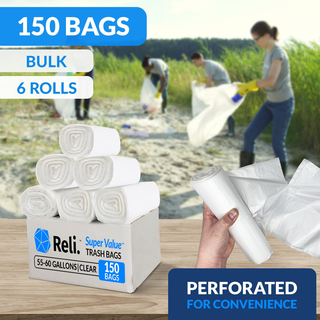 55-60 Gallon Heavy Duty Clear Trash Bags with Ties A59465