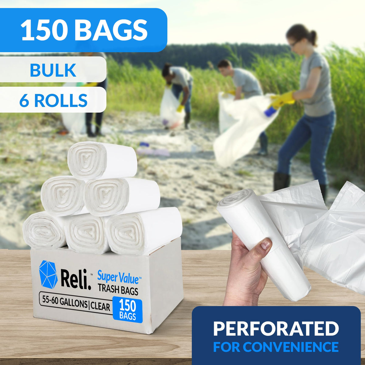 55-60 Gallon Heavy Duty Clear Trash Bags with Ties A59465